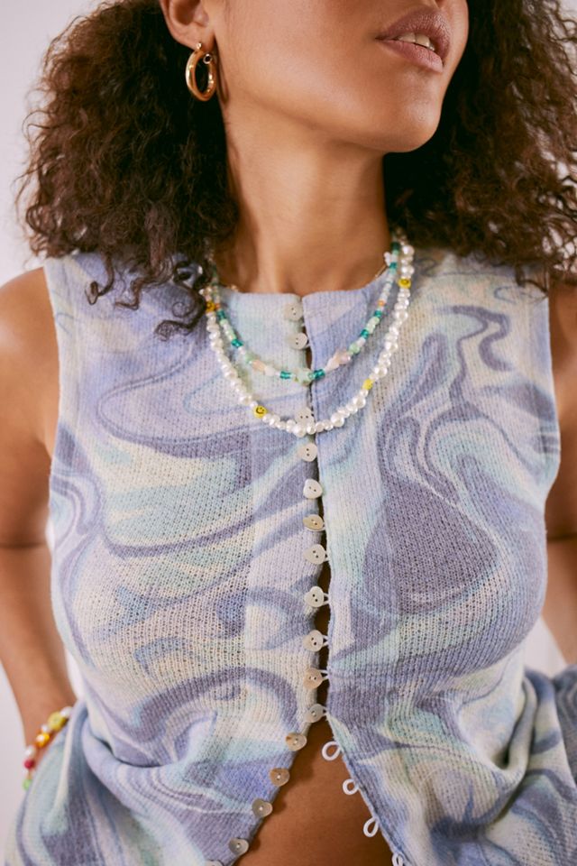 Jaded London Blue Marble Print 90s Shell Button Top #1