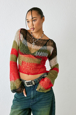 Jaded London Red Mercer Shredded Knit Jumper | Urban