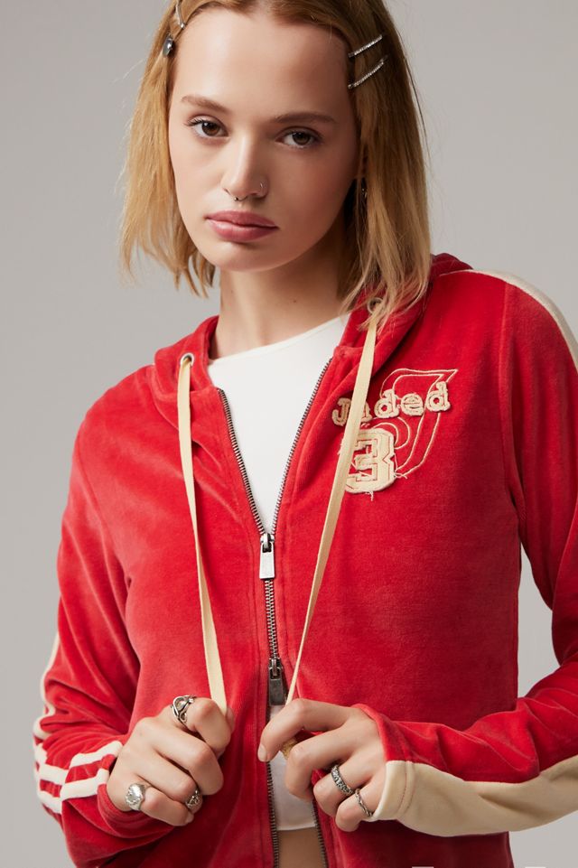 Jaded London Three Velour Fitted Hoodie | Urban Outfitters UK