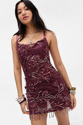 Jaded London Wine Ellora Embellished Mini Dress - Maroon UK 10 at Urban Outfitters