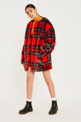 red plaid faux fur coat