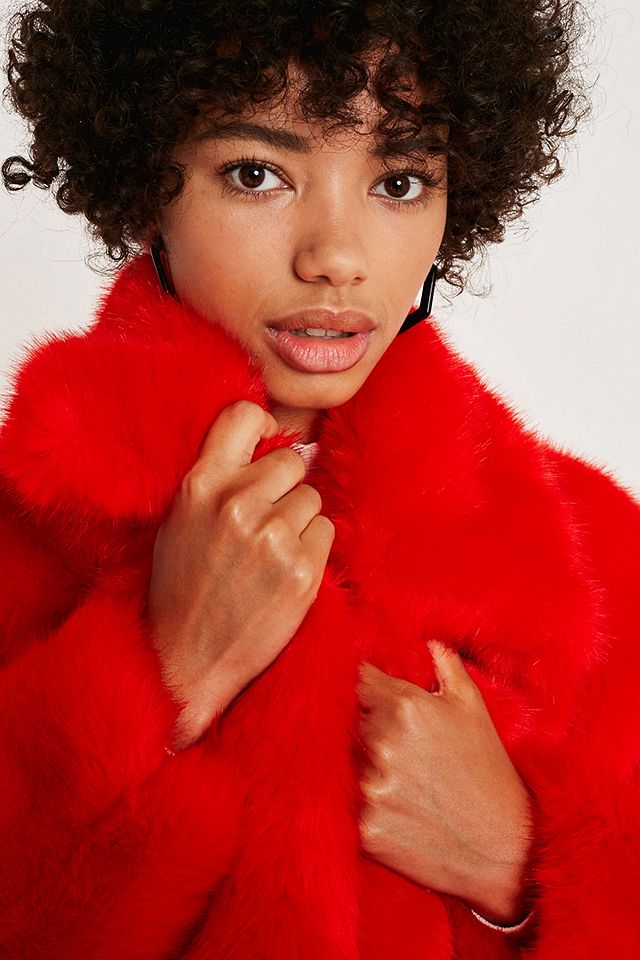 Jakke Rita Red Faux Fur Jacket Urban, Red Curly Fur Coat