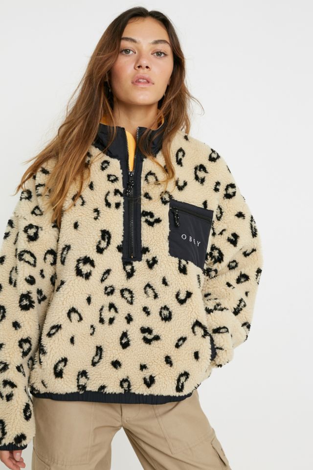 OBEY Chiller Leopard Print Teddy Fleece Pullover Jacket ...