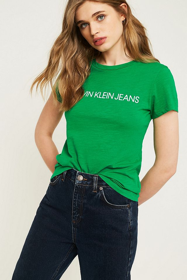 Calvin Klein Jeans Slim-Fit Green Logo T-Shirt | Urban Outfitters UK