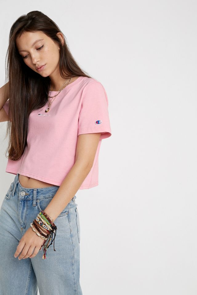 Champion Centre Logo Script Pink Cropped T-Shirt #1