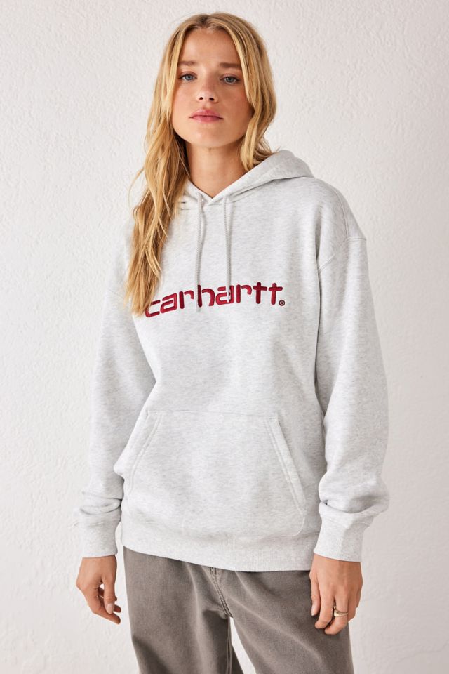 Grey hoodie with store red writing