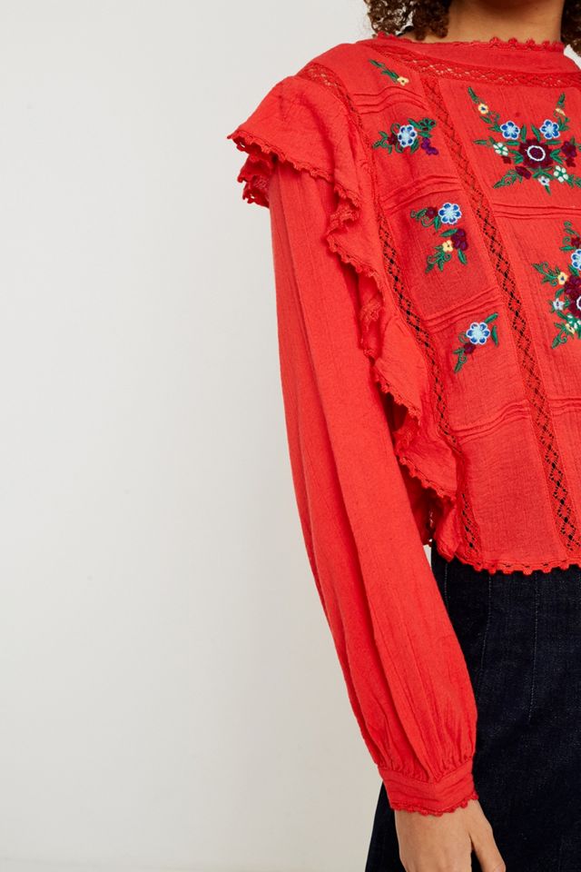 Free People Amy Red Floral Ricamato Top #1
