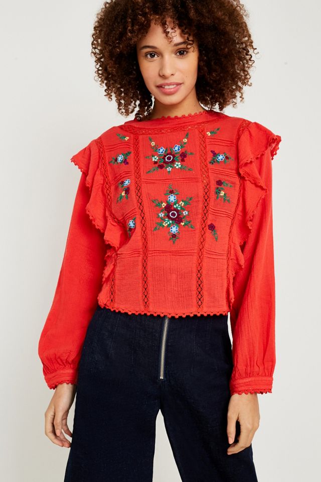 Free People Amy Red Floral Ricamato Top #3