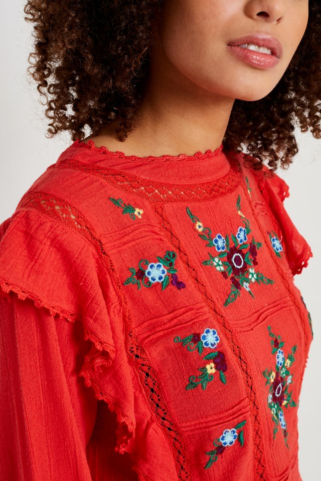 Free People Amy Red Floral Ricamato Top #5
