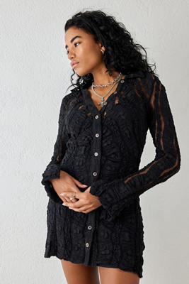 shayla lace mini dress free people Free People Shayla Lace Mini Dress red flare bell sleeve slip collared  button up