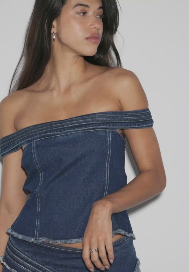 Lioness Madame Asymmetric Off-The-Shoulder Denim Top