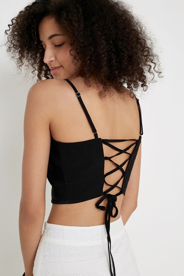 NARRATED Black Lace-Up Apron Crop Cami #1