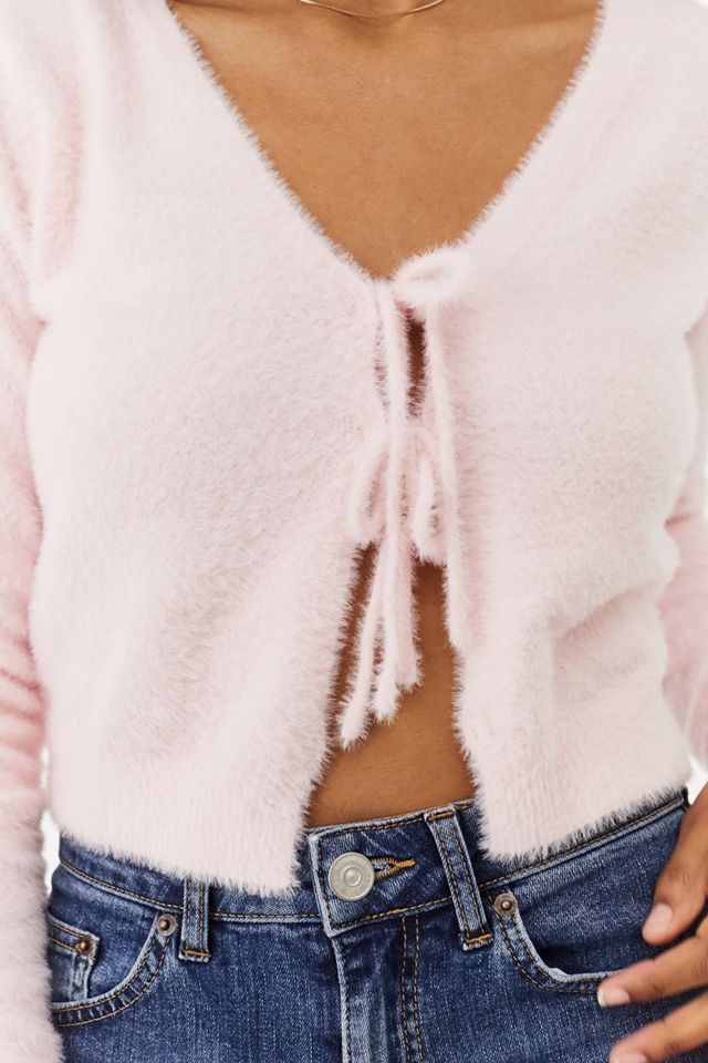 NARRATED Fluffy Pink Tie-Front Cardigan | Urban Outfitters UK