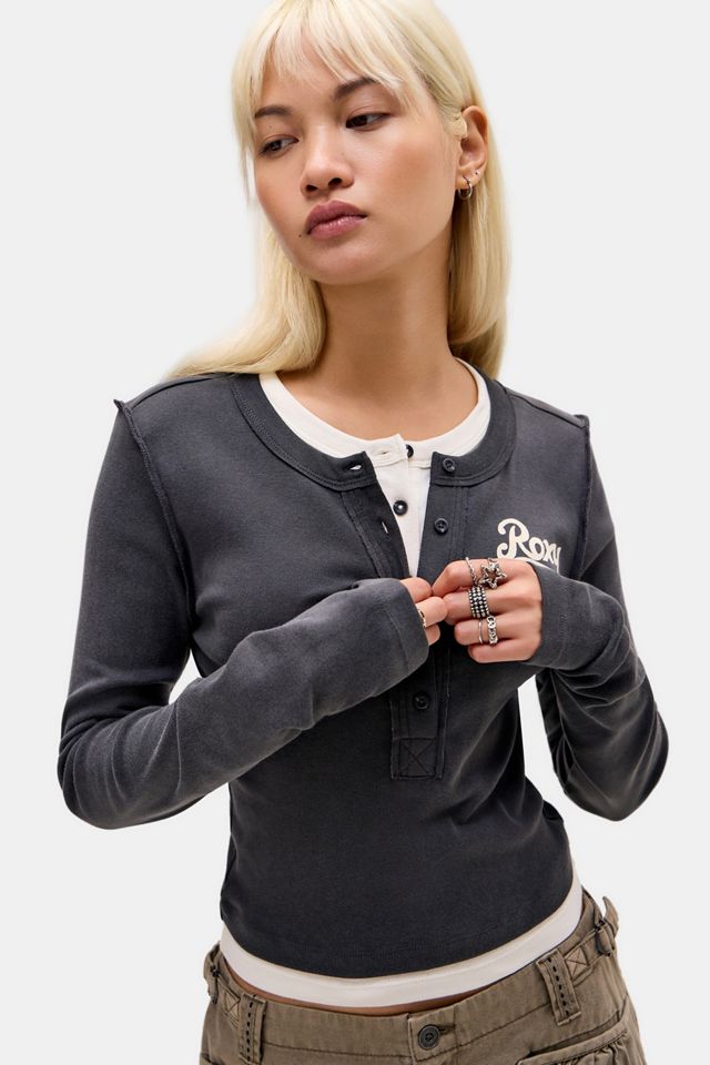 Roxy UO Exclusive Blaues Doppellagiges Langarm-Henley-T-Shirt #1