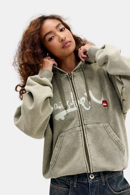 Quiksilver UO Exklusiver Khaki Zip-Kapuzenpullover mit Durchgehendem Reißverschluss