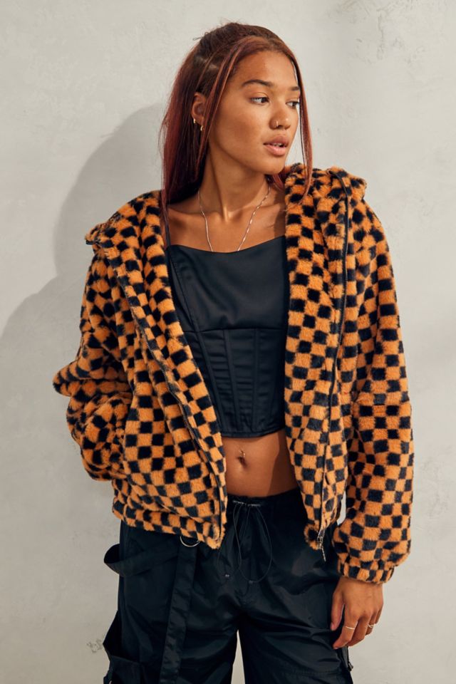 Checkered fluffy jacket best sale