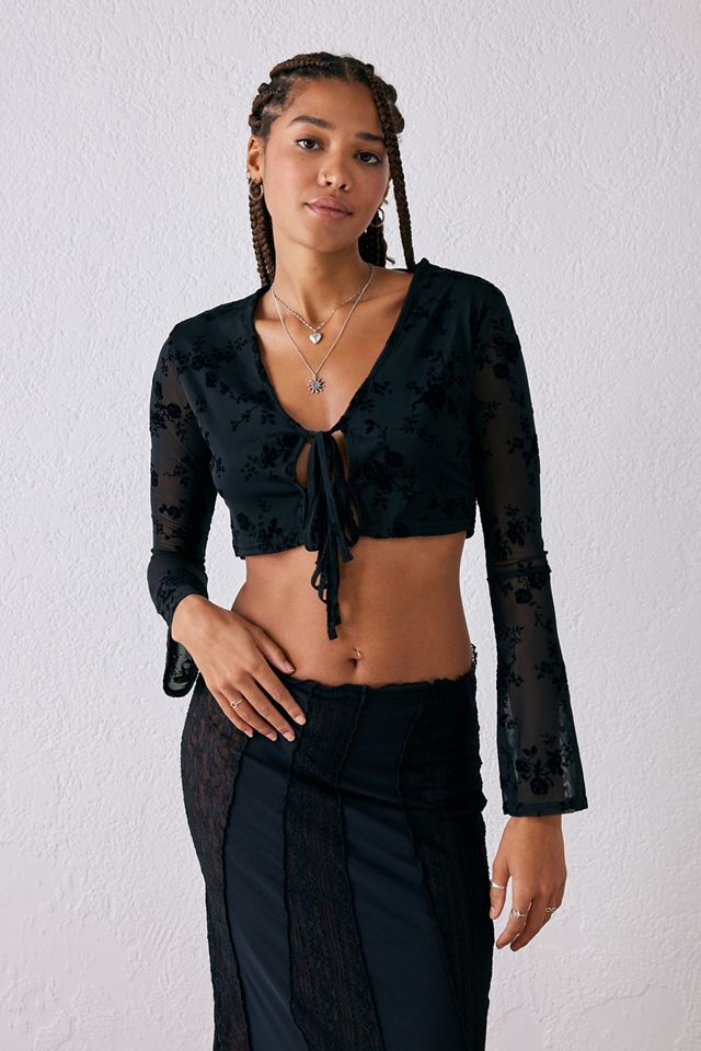 Daisy Street Flocked Mesh Tie-Front Top #2