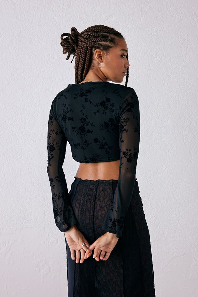 Daisy Street Flocked Mesh Tie-Front Top #3