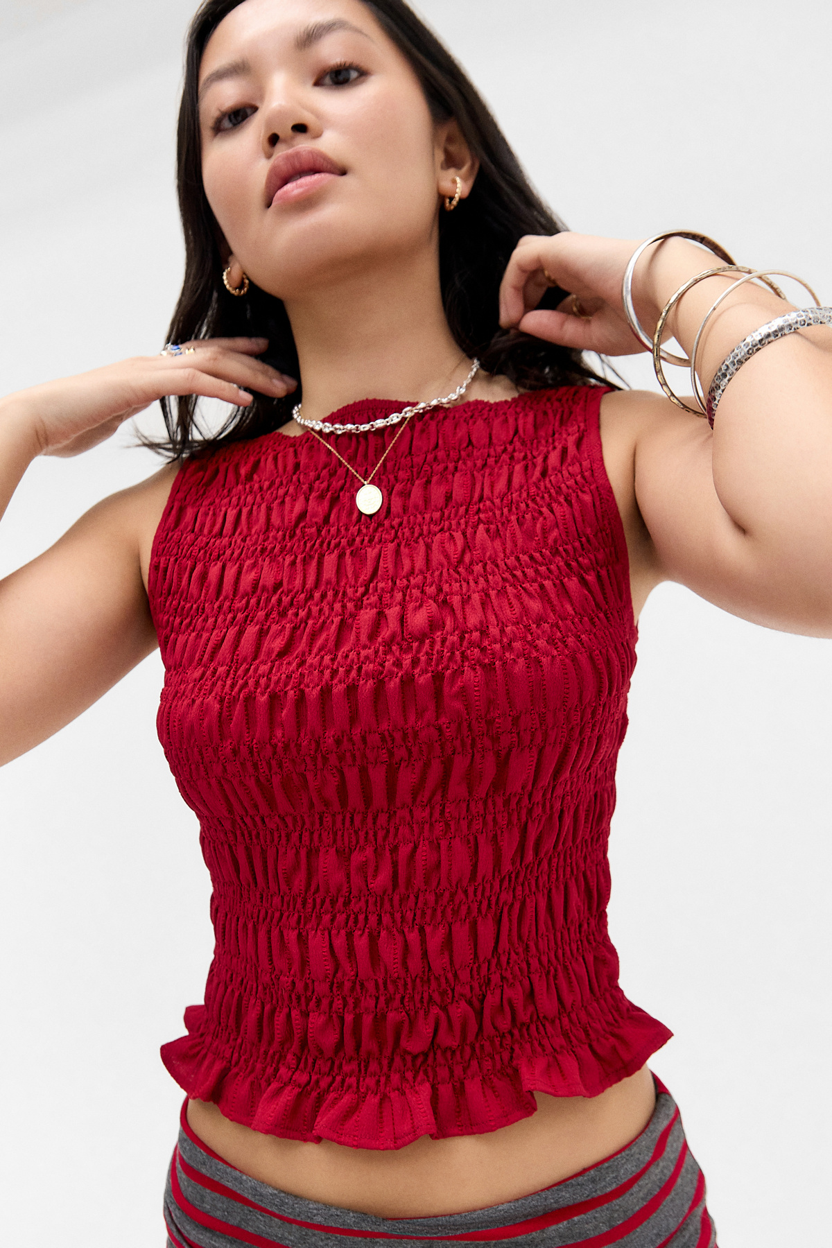 Daisy Street UO Exclusive Red Shirred Sleeveless Top
