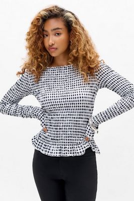 Daisy Street Check Long Sleeve Shirred Top