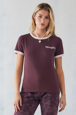 Wrangler Scoop Neck Ringer Tee T-Shirt, Rouge, XS Femme