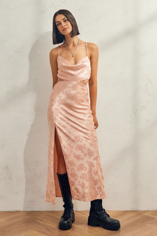 Love Triangle Pink Satin Jacquard Midi Slip Dress