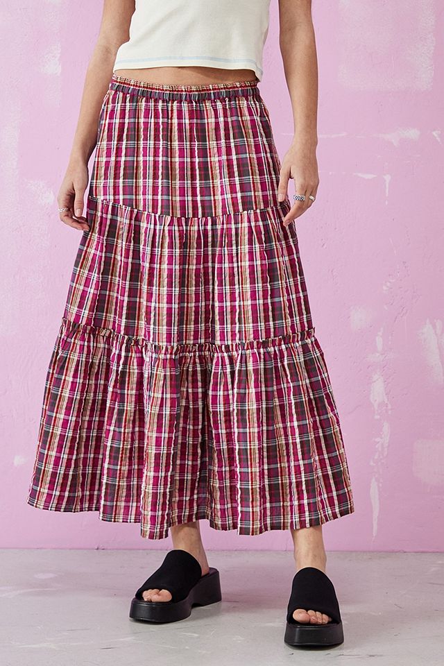 Damson Madder Thea Linen Check Prairie Midi Skirt | Urban Outfitters UK