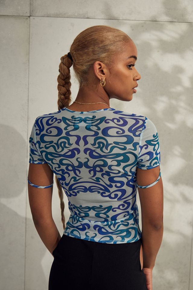 MIAOU X Urban Outfitters UO Exclusive Blue Swirl Print Mesh Top #3