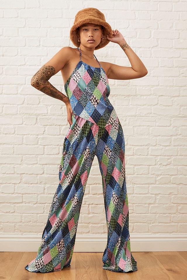 Another Girl Patchwork Print Plisse Trousers | Urban Outfitters UK