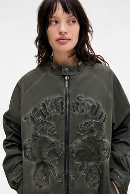 Giacca con cerniera ricamata color cachi Ed Hardy