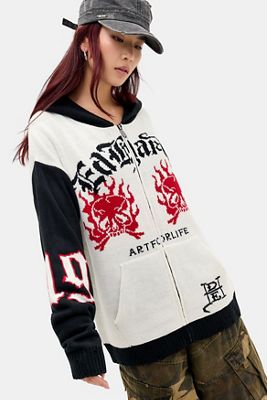 Felpa con Cappuccio e Zip Ed Hardy 1971 Lavorata a Maglia