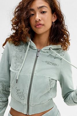 Ed Hardy Multi Tattoo Cropped Graphic Hoodie