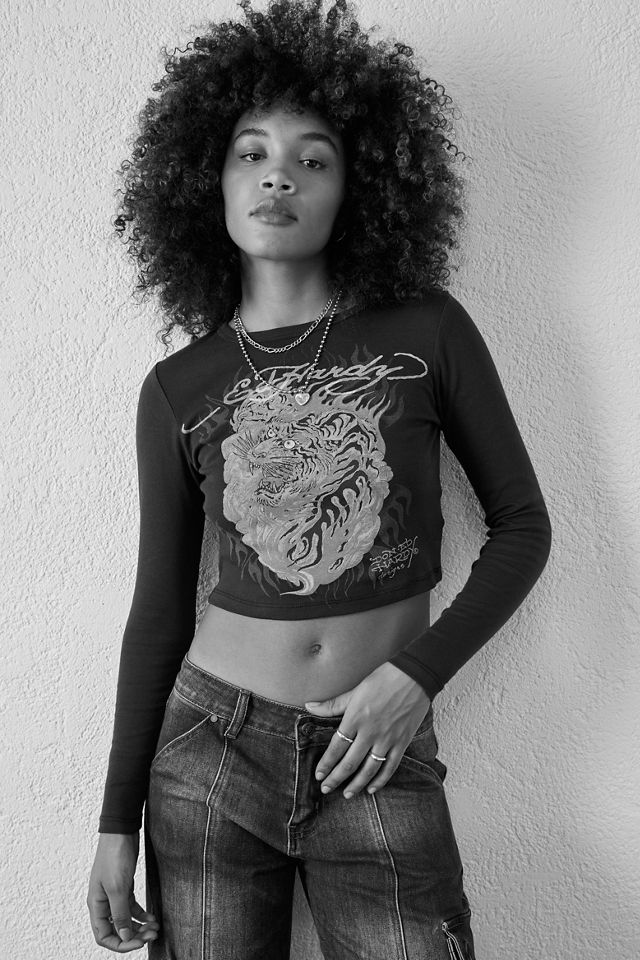 Ed Hardy - T-shirt raccourci à manches longues et imprimé tigre noir #2