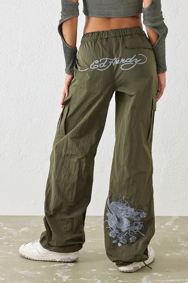 Ed Hardy Khaki Nylon Embroidered Cargo Pants | Urban Outfitters UK