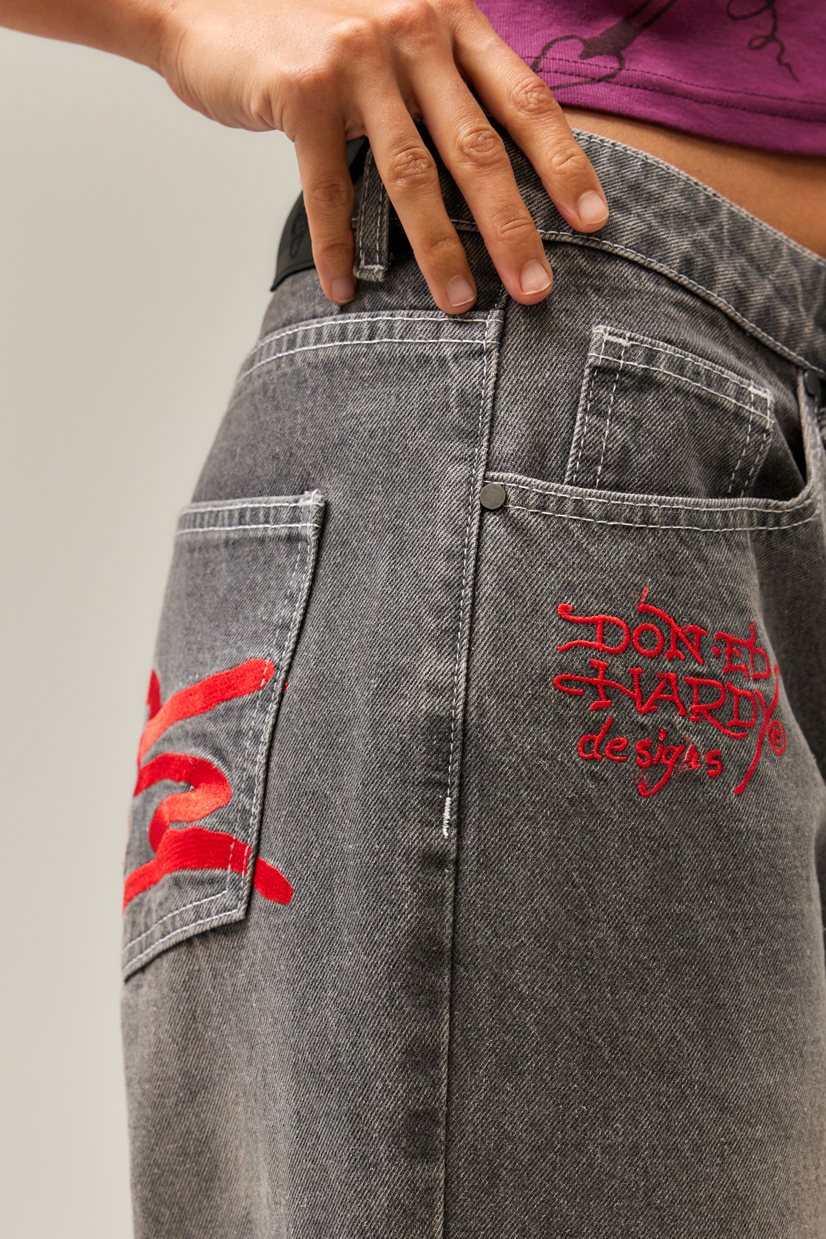 Ed Hardy UO Exclusive Grey Oversized Embroidered Jeans