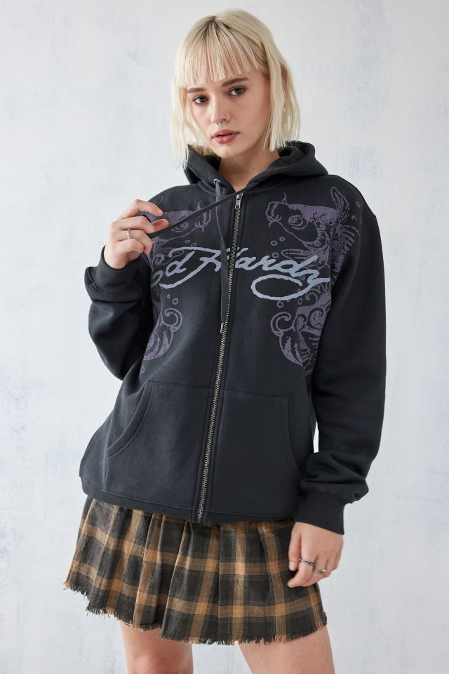 Ed Hardy UO Exclusive Washed Oversized Zip Up Hoodie Urban