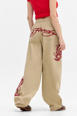 Ed Hardy UO Exclusive Wide Leg Embroidered Trousers - Beige M at Urban Outfitters