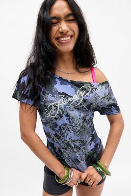 Ed Hardy Blue Camo Slash Neck T-Shirt