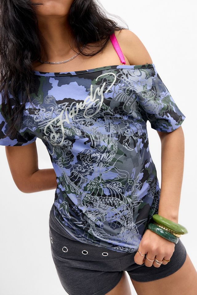 Ed Hardy Blue Camo Slash Neck T-Shirt #1