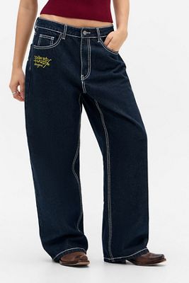 Jaded London Mid Blue Distressed Creased Drift Flared Jeans