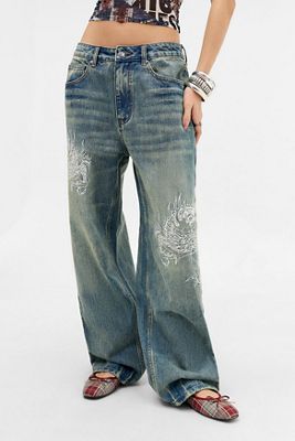 Ed Hardy UO Exclusive Blue Embroidered Dragon Jeans