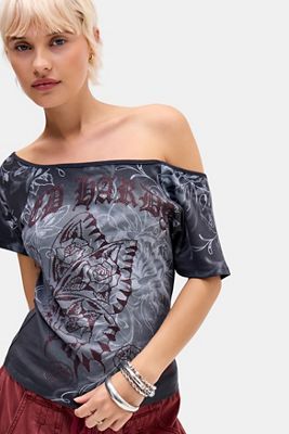 Ed Hardy UO Exclusive Butterfly Rose Off-Shoulder T-Shirt