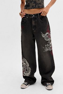 Ed Hardy UO Exclusive Braun Gewaschen Drachen Jeans