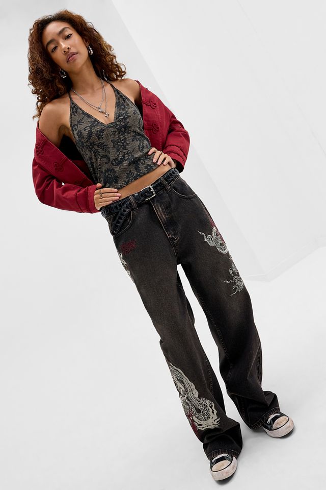 Ed Hardy UO Exclusive Braun Gewaschen Drachen Jeans #1