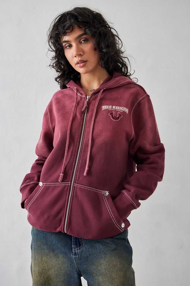 Felpa con cappuccio True Religion Acid Wash Burgundy con zip #3