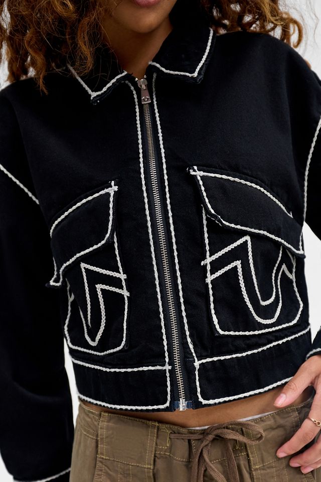 True Religion Schwarze Seilstich Zip-Durchgehende Jeansjacke #3