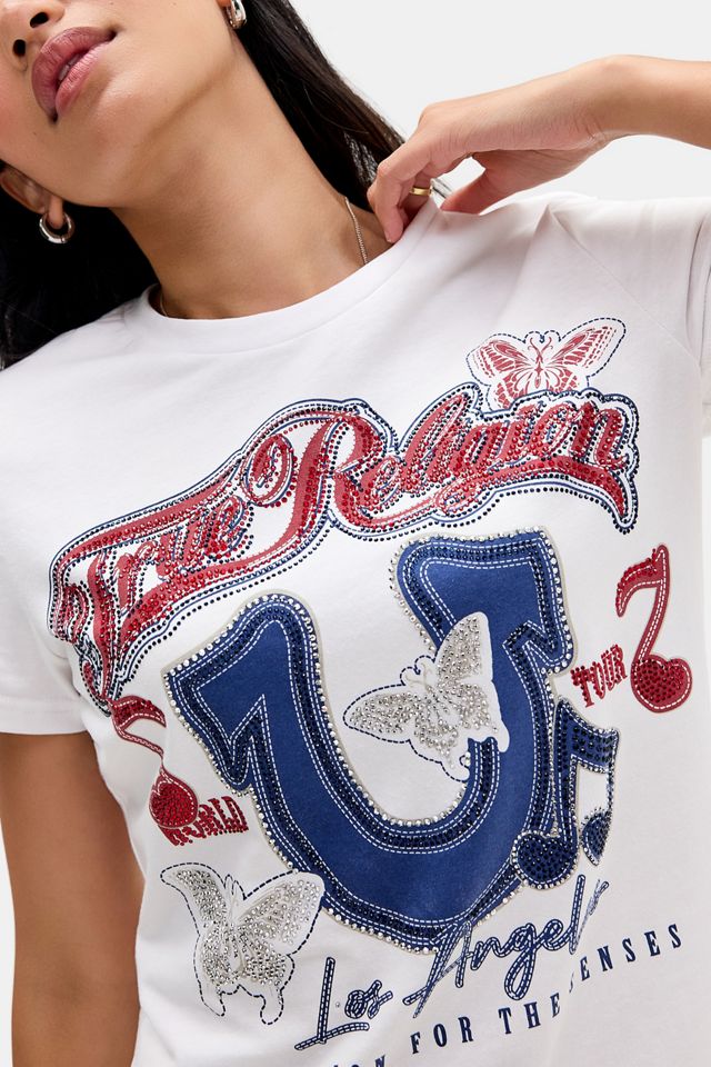 T-shirt graphique avec logo fer à cheval en cristal blanc True Religion #2