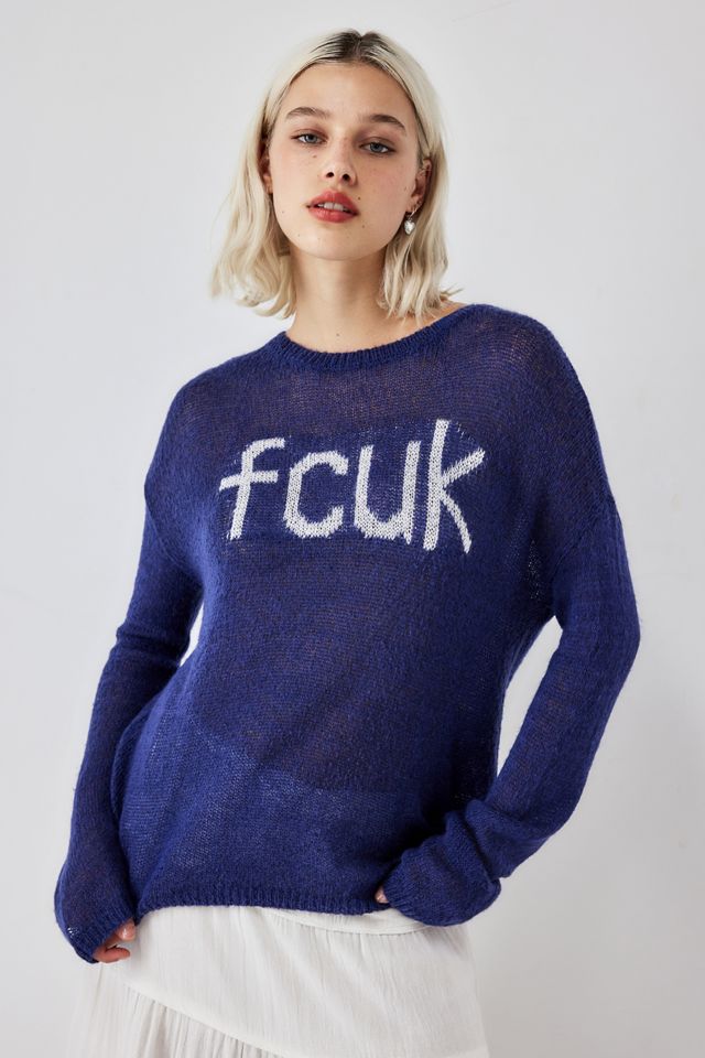 FCUK UO Exclusive Blue Open Knit Logo Jumper | Urban Outfitters UK