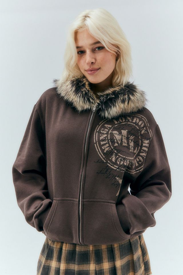 Minga Londres - Sweat à capuche orné de fausse fourrure et d'un tampon marron #2