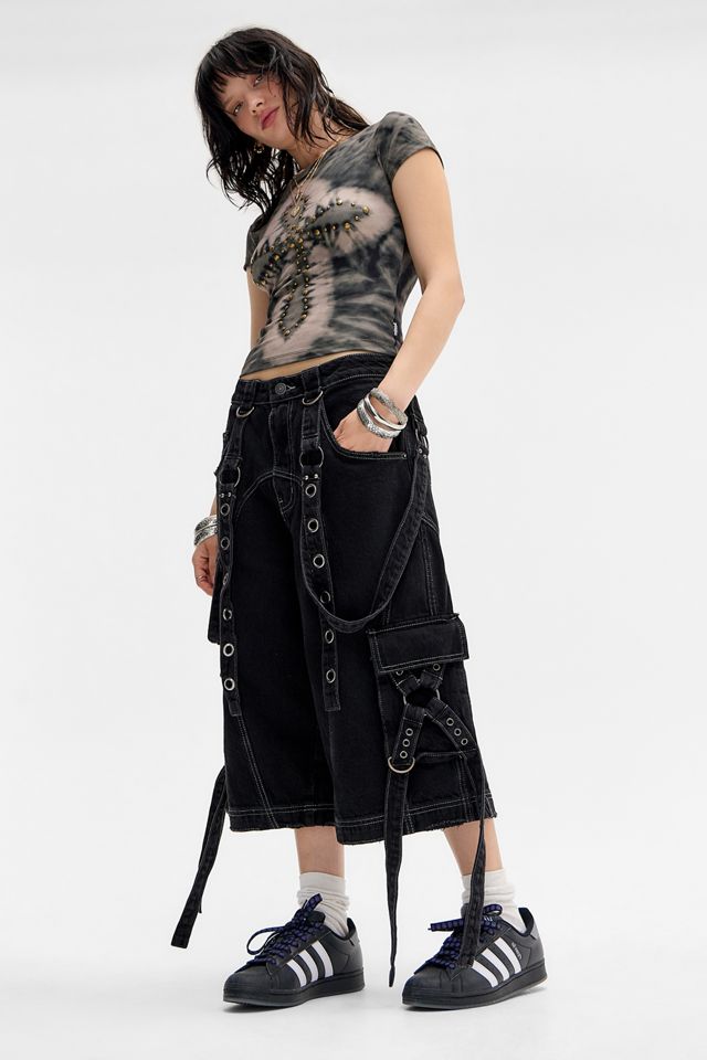 国内で当店のみ Minga London - TREK BLACK WASHED JORTS Black Washed Utility Cargo Jorts with Straps & Metal Details